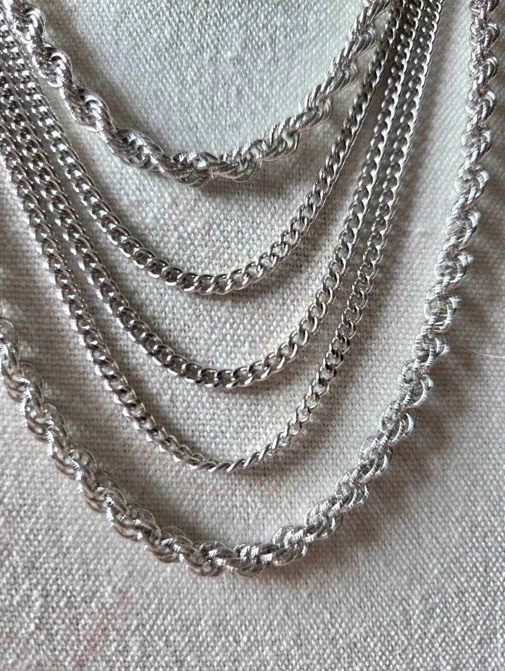 Vintage Monet Silver Multi- Strand Layered Statement Chain Necklace